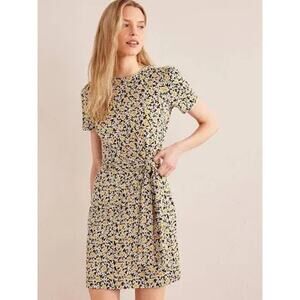 Boden Tie Knot Front Jersey Midi Short Sleeve Floral Black Yellow Dress EUC 4